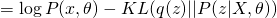 = log P(x,	heta) - KL(q(z) || P(z|X,	heta))